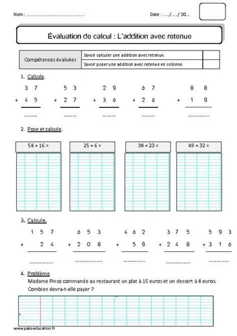 Addition avec retenue Ce1 Bilan à imprimer Pass Education