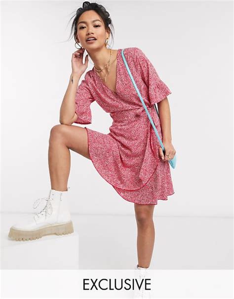 Wednesdays Girl Mini Wrap Dress With Frill Sleeves In Ditsy Spot Asos