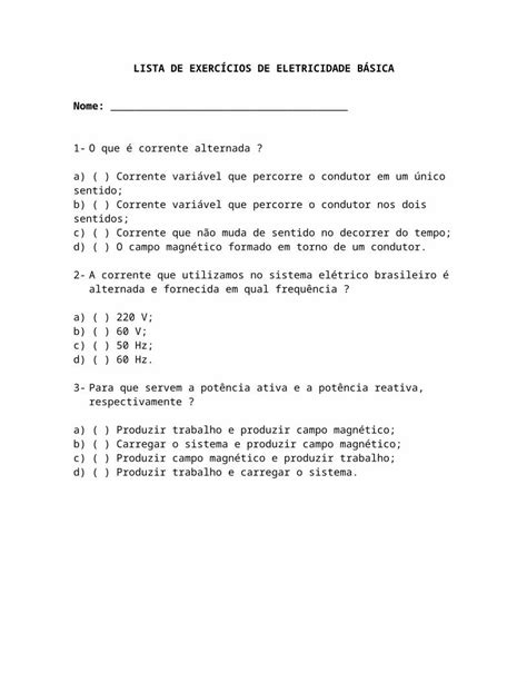 DOC PROVA DE ELETRICIDADE BÁSICA file Web viewLISTA DE EXERCÍCIOS