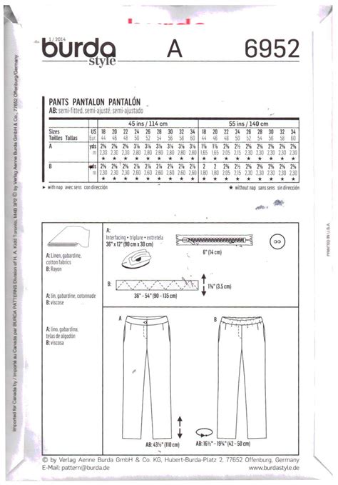 Burda 6952 Pants Size 18 34 Uncut Sewing Pattern