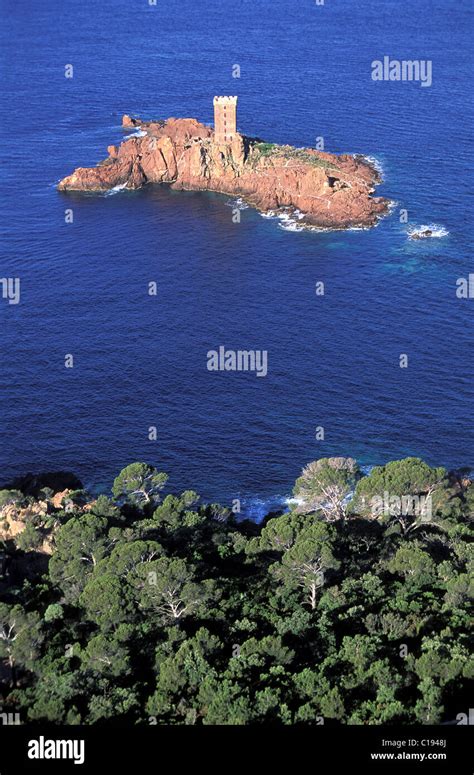 France, Var, Ile d' Or (Golden Island) and its tower in front of the Esterel Corniche (Esterel ...