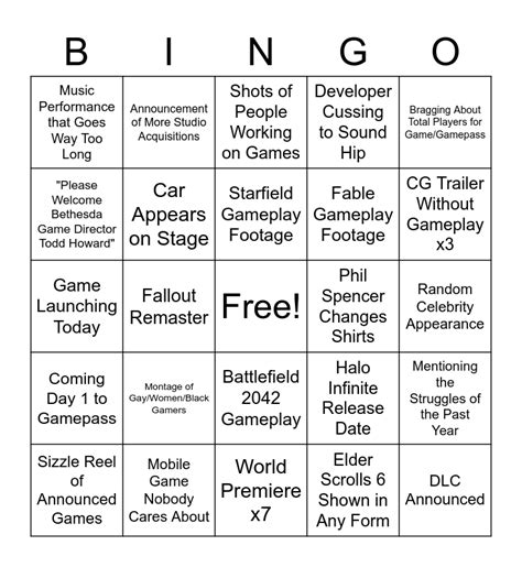 Xbox Bethesda E3 Press Conference Bingo Card