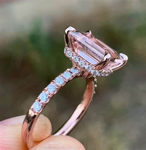 Emerald Cut Morganite Engagement Ring Morganite Wedding Ring 14k Rose Gold Under Halo Pink