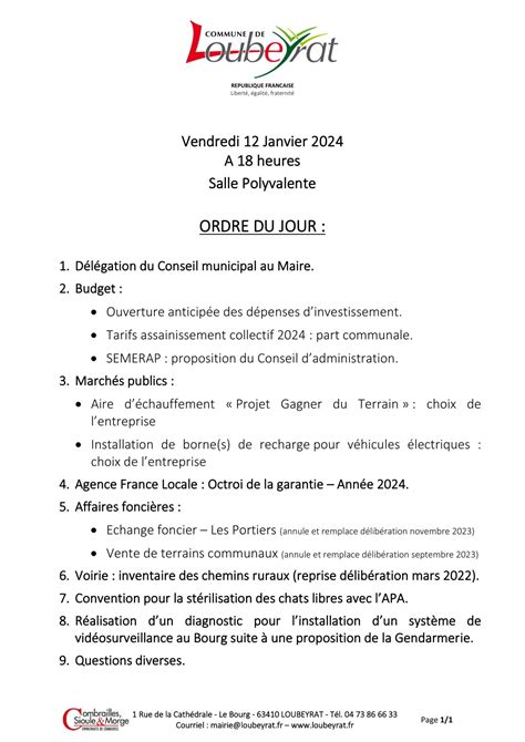 Ordre Du Jour Conseil Municipal Du 12 Janvier 2024 Commune De Loubeyrat