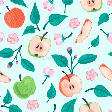 Beautiful Seamless Pattern Apples Leaves And Flowers On A Light