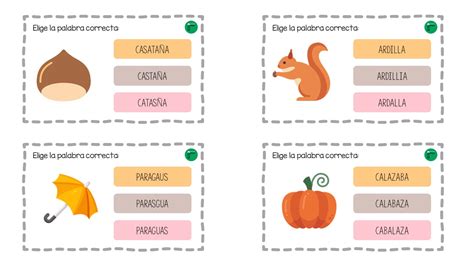 Lectura correcta de palabras con vocabulario de otoño