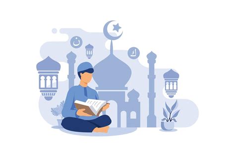 Muslim People Reading And Learning The Quran Islamic Holy Book Design