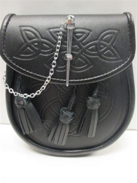 Leather And Saddle Bags Kilt Sporran Celtic Embossed Black Leather Latch