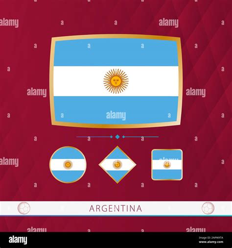 Set Of Argentina Flags With Gold Frame For Use At Sporting Events On A Burgundy Abstract