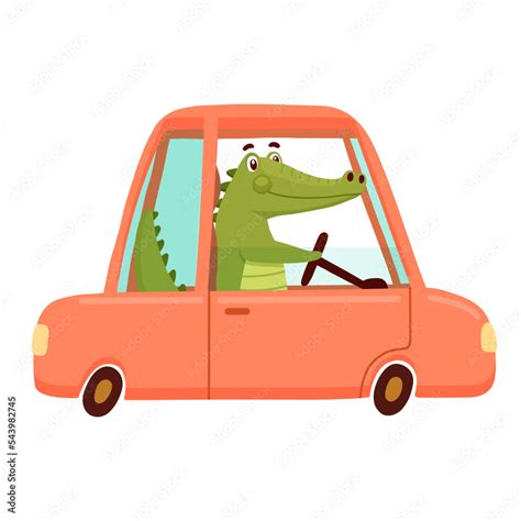 Cute Crocodile Driving In Red Car Funny Alligator Isolated On White