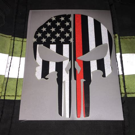 Thin Red Line Flag Punisher Skull Reflectiveglow In The Dark Outline