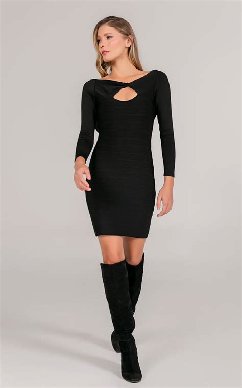 Vestido Curto Manga Longa Renata Preto Le R Ve Bandage