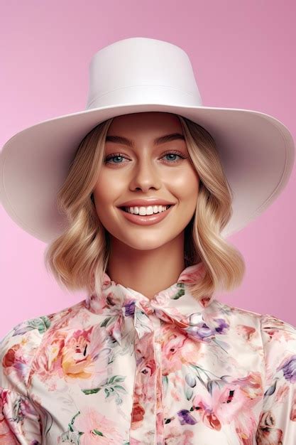 Premium AI Image Woman Wearing A White Hat And A Floral Dress