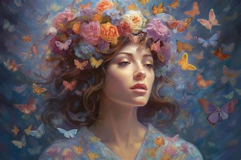 Una Pintura De Una Mujer Con Flores Y Mariposas Foto Premium