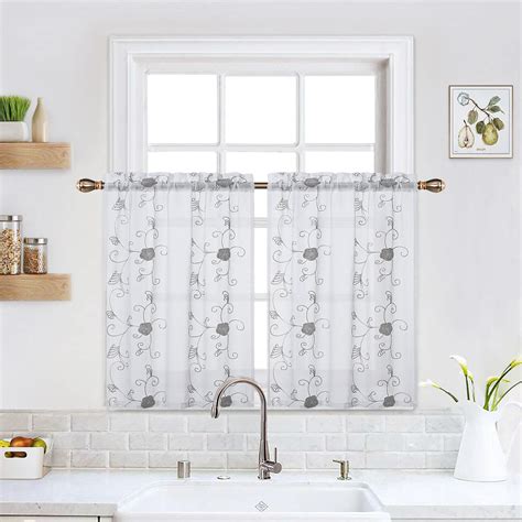 Haperlare 26 W X 30 L Sheer Kitchen Curtains Floral Embroidered Pom Pom