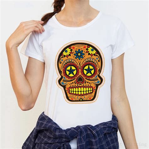 H677 Halloween Sugar Skull Print Women Fashion Tops Summer Female O