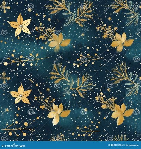 A Blue Background With Gold Flowers And Leaves Generative Ai Image