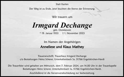 Traueranzeigen Von Irmgard Dechange Wirtrauern