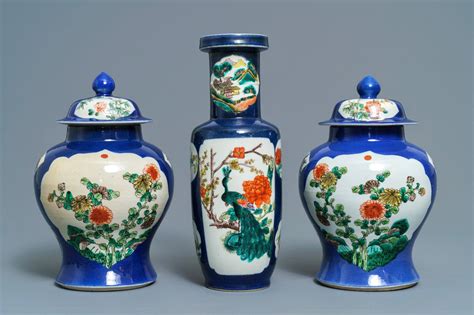 Three Chinese Famille Verte On Powder Blue Ground Vases 19th C Rob