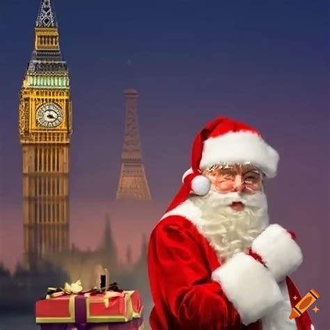 Santa Claus Delivering Gifts In Front Of Famous Landmarks