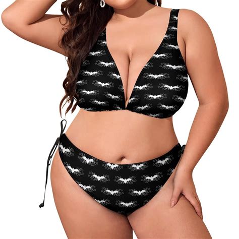 Cute Gothic Bats Bikini Swimsuit White Swirls Print Swimwear Sexy Push