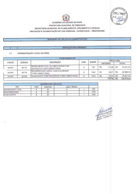 Memorial De Calculo E Quantitativos Prefeitura Municipal De Bidos