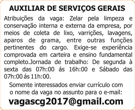 Jornal Meu Emprego MS Vaga AUXILIAR DE SERVIÇOS GERAIS