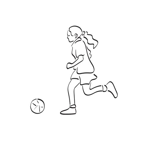 Line Art Girl Playing Soccer With Ball Illustration Vector Hand Drawn