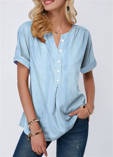 Button Front Roll Sleeve Split Neck Blouse Stylish Tops For Girls