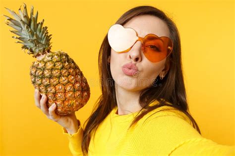 Close Up Selfie Shot Of Excited Young Woman Spreading Hands Keeping