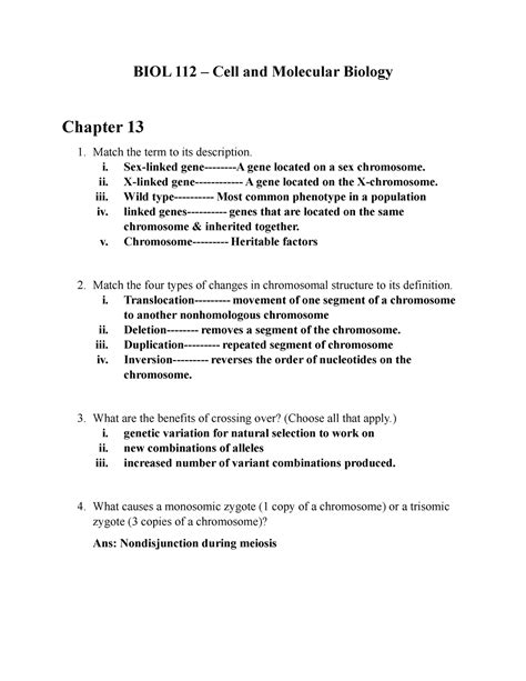 BIOL 112 Chapter 13 Cell And Molecular Biology BIOL 112 Cell And