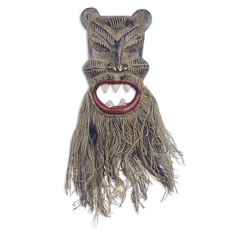 UNICEF Market Sese Wood African Tiger Mask With Jute Beard Roar Of