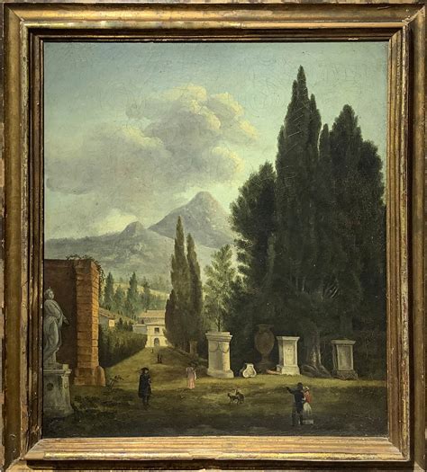 Dipinto Ad Olio Su Tela Raffigurante Paesaggio Con Alberi Personaggi E