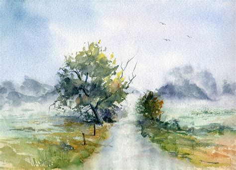 Nebel über den Wiesen Aquarell malen Aquarell Aquarelle landschaften