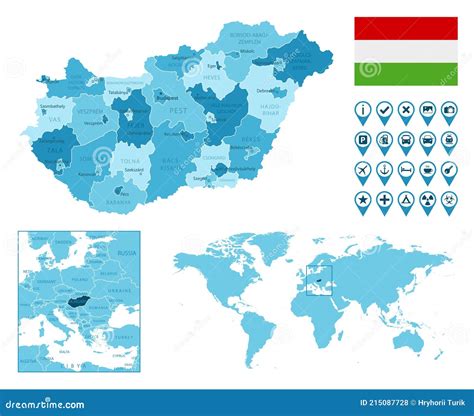 匈牙利详细行政蓝图，国旗和地点在世界地图上 向量例证 插画 包括有 大陆 罗马尼亚 商业 国界的 215087728