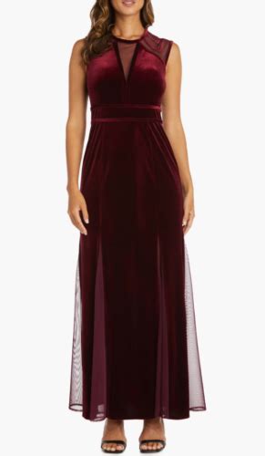 Nightway L Womens Burgundy Sleeveless Stretch Velvet Mesh Gown