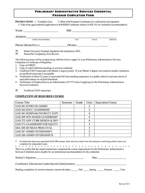 Fillable Online Fresnostate Program Completion Form For Preliminary