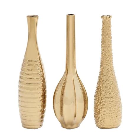 Litton Lane Gold Slim Textured Bottleneck Ceramic Decorative Vase With