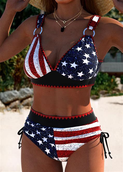 High Waisted American Flag Print Multi Color Bikini Set Rosewe USD 36 98