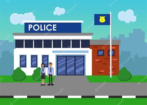 Premium Vector | Policemen on the background of the police station ...