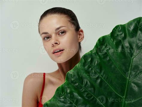 Woman In Red Swimsuit Palm Leaf Exotic Cropped View 23238440 Stock