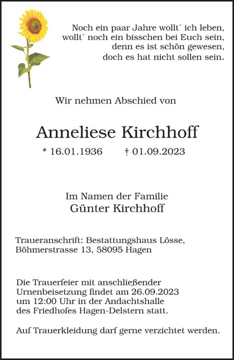 Traueranzeigen Von Anneliese Kirchhoff Trauer In Nrw De