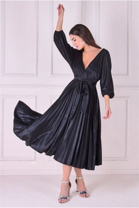 Goddiva Satin Pleated Skirt Wrap Midi Dress Black Sale From Yumi Uk