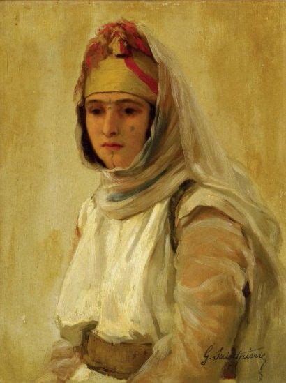 A Painting Of A Woman Wearing A White Dress With A Yellow Head Scarf On