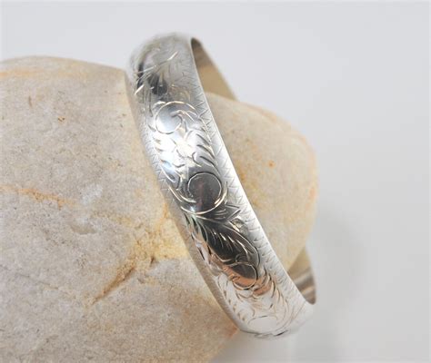 Wide Sterling Silver Etched Hinged Bangle Bracelet Etsy