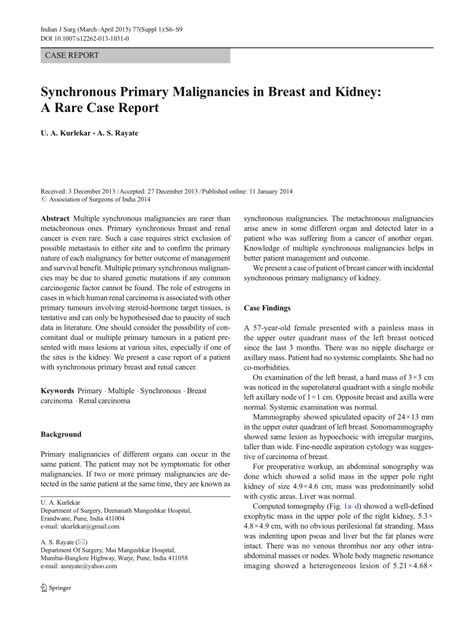 PDF Synchronous Primary Malignancies In Breast And Kidney A Rare