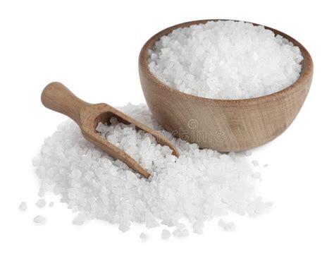 Natural Sea Salt Wooden Bowl And Scoop On White Background Stock Image