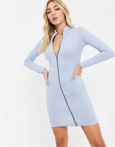 I Saw It First Zip Front High Neck Ribbed Dress In Blue Asos