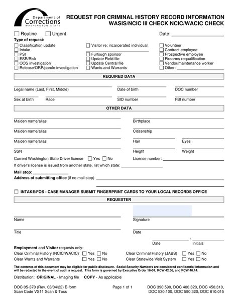 Form Doc05 370 Download Printable Pdf Or Fill Online Request For Criminal History Record