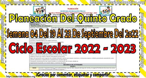 Planeación del quinto grado de primaria de la semana 04 del 19 al 23 de